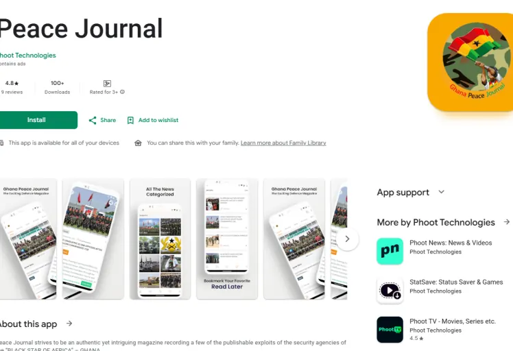 Google Play listing for the Peace Journal app showing app screenshots and the Install button.