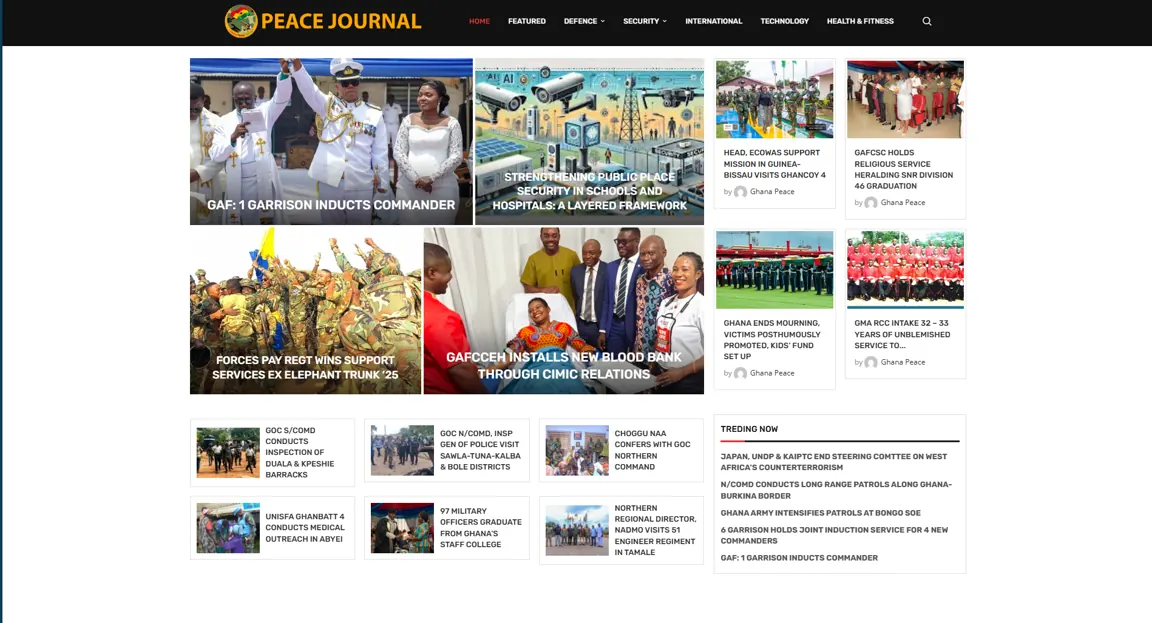 Ghana Peace Journal website homepage with featured security stories and article listings.