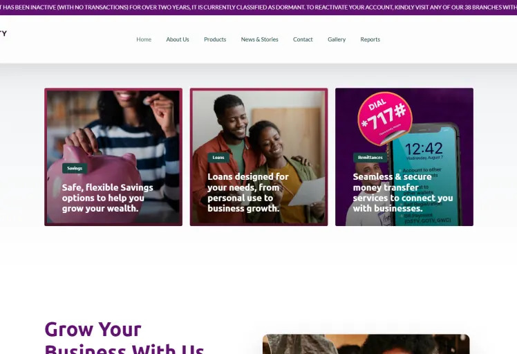 Homepage of the Opportunity International Savings and Loans website showing savings, loans and remittance products.